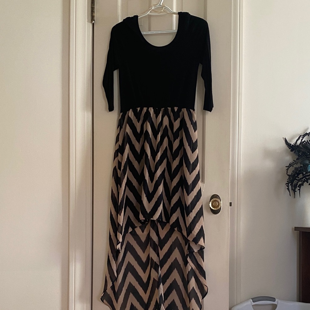 Black and Tan Chevron High-Low Dress